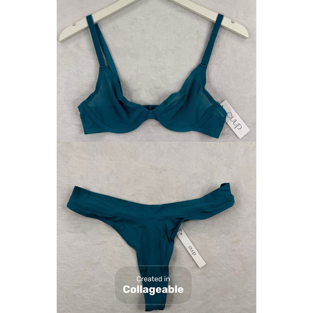 CUUP‎ The Plunge Mesh Bra 32B and Thong Size 3 Set Turquoise Teal NWT